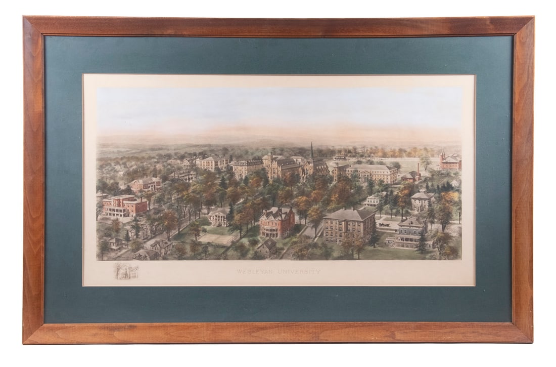 RICHARD RUMMELL (NY, 1848-1924): RICHARD RUMMELL (NY, 1848-1924) Birdseye View of Wesleyan University, Middletown Connecticut. Hand colored lithograph, signed on print, in cherry stained oak frame with green mat, glazed. OS: 24 x 38