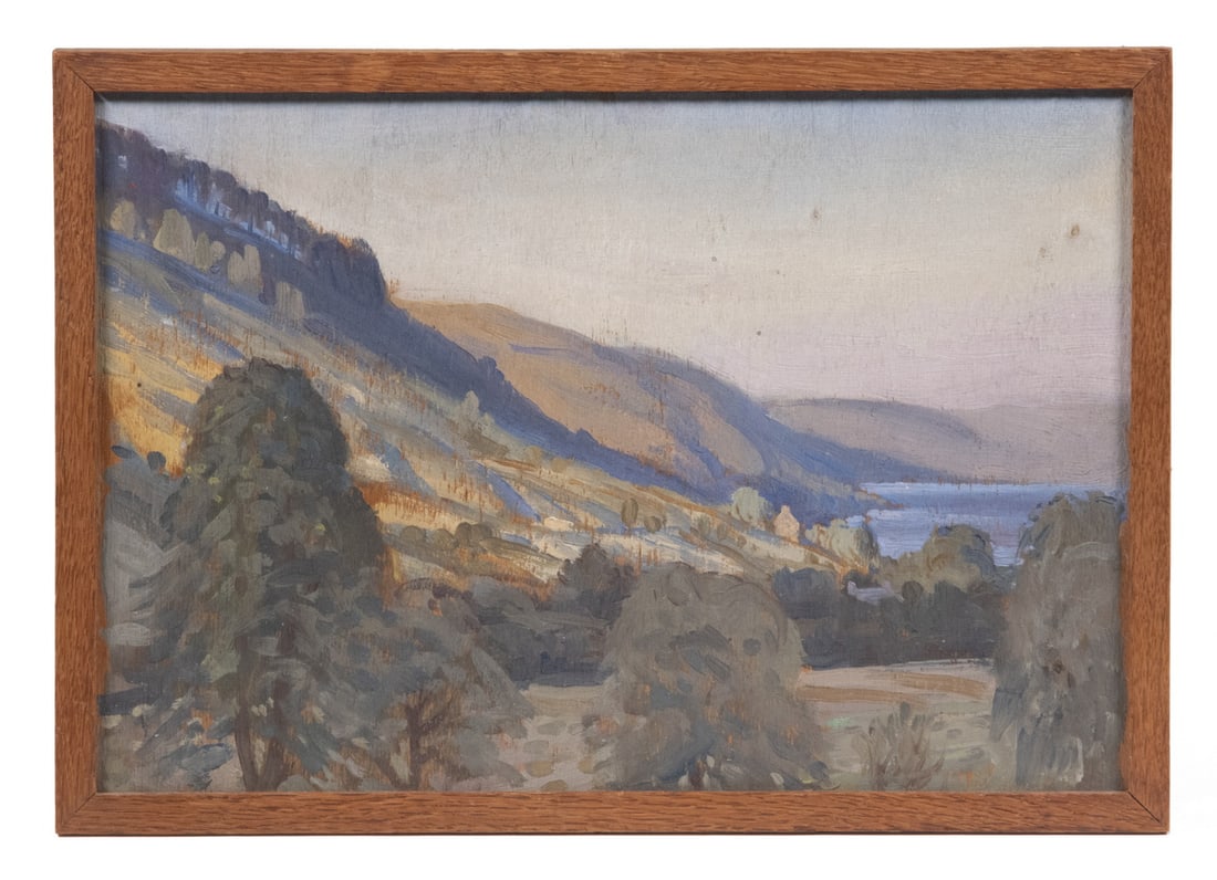 UNSIGNED MOUNTAIN LAKE SCENE: UNSIGNED MOUNTAIN LAKE SCENE Probably Maine or New Hampshire, oil on luan, in mahogany stick frame. Good condition. OS: 7 1/2 x 10 1/2 in. (19.1 x 26.7 cm.), SS: 6 3/4 x 9 3/4 in. (17.1 x 24.8 cm.)