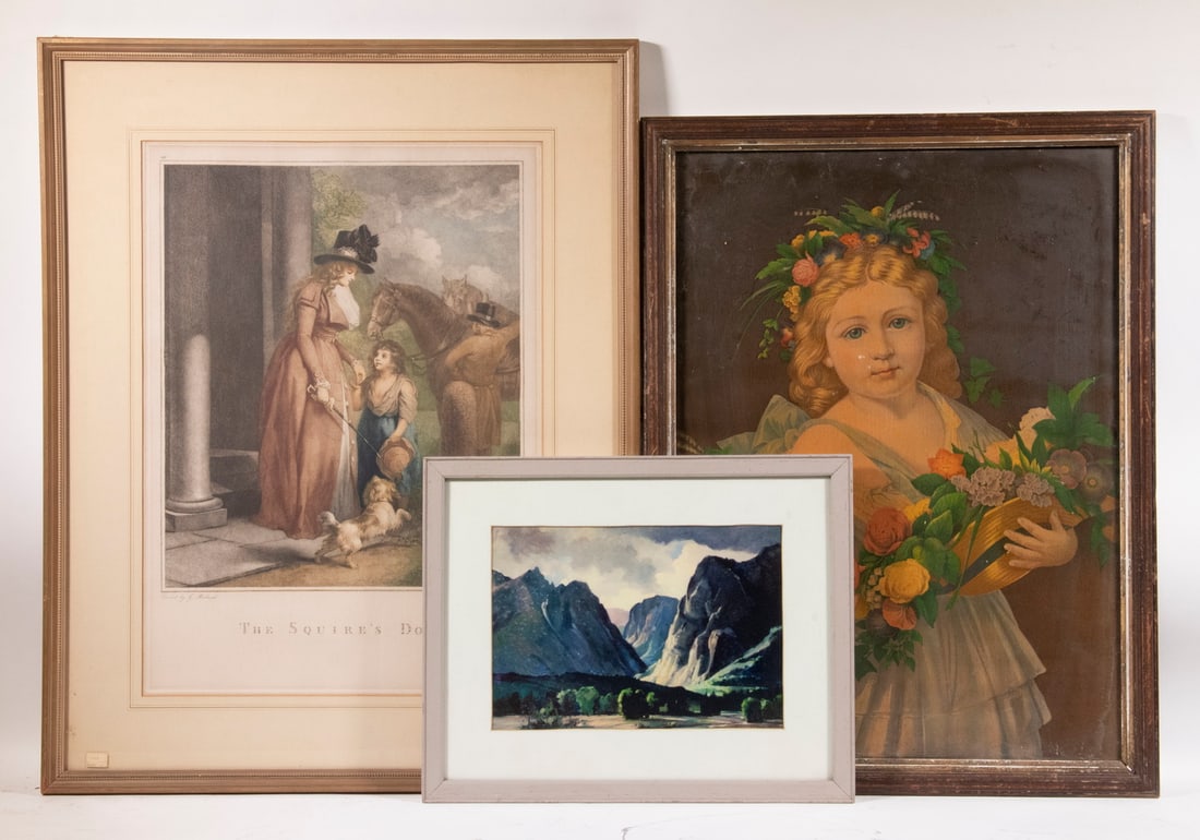 (3) MISC. PRINTS: (3) MISC. PRINTS Including: "The Squire's Door", Painted by G. Morland, Engraved by B. Duterro, a 20th c. restrike of the circa 1780 original hand colored engraving, in maple stick frame, matted and