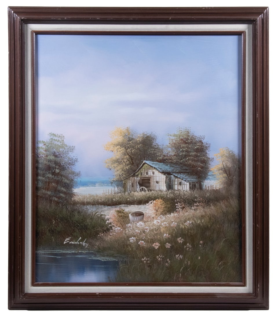 RUSTIC OIL PAINTING WITH BARN, ILLEGIBLY SIGNED: RUSTIC OIL PAINTING WITH BARN, ILLEGIBLY SIGNED Probably California, in Mexican faux mahogany frame with linen liner. OS: 28" x 25", SS: 23 1/2" x 19 1/2". Good condition. OS: 28 x 25 in. (71.1 x