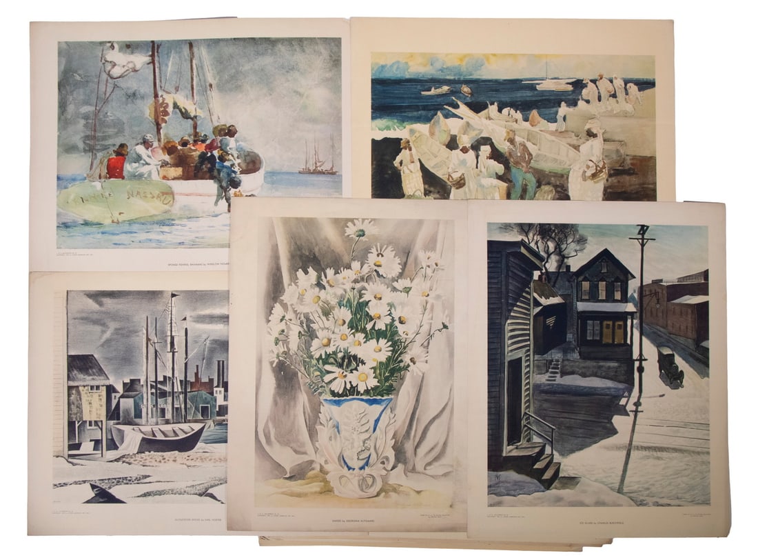 (21) COLOR COLLOTYPE PRINTS OF AMERICAN ART: (21) COLOR COLLOTYPE PRINTS OF AMERICAN ARTPublished as "Living American Art" Color Prints by Arthur Jaffee of historical American artists, 1940. Cardstock sheets, edge soiling, chips, would mat out.