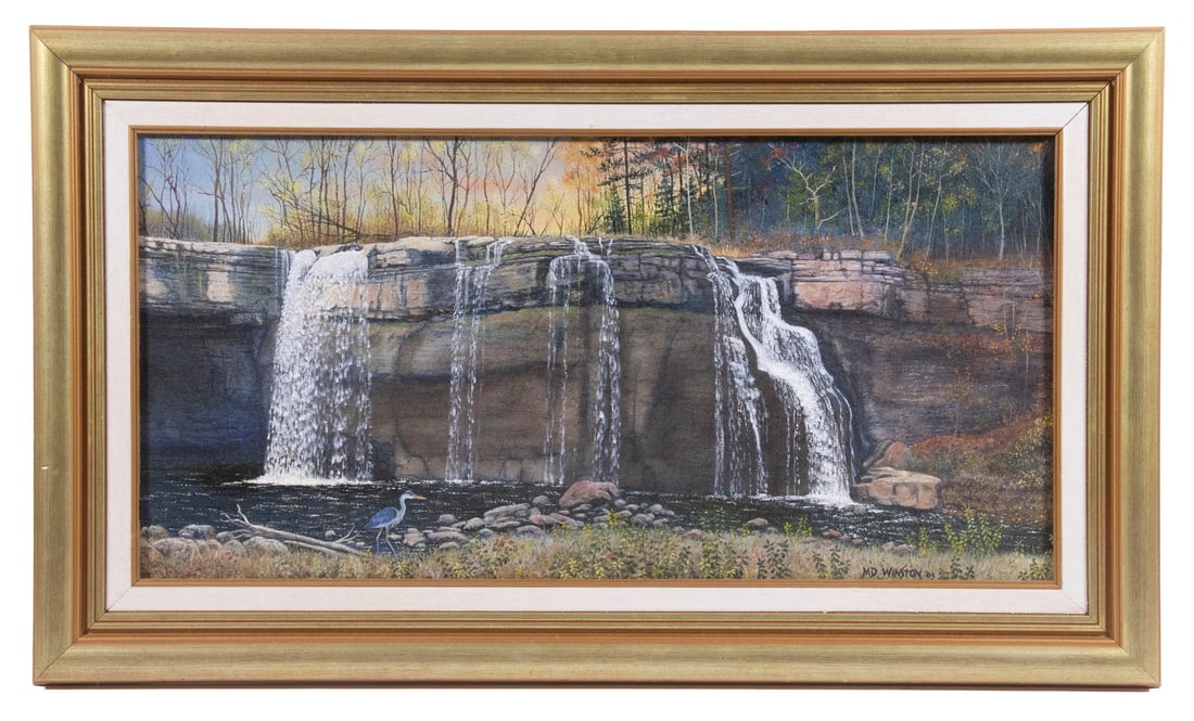 MICHAEL D. WINSTON (CONTEMPORARY ITHACA, NY): MICHAEL D. WINSTON (CONTEMPORARY ITHACA, NY) "Falls at Ludlowville (Salmon Creek, Lansing, NY)," oil on canvas, signed lower right, titled verso with an original price of $650. In gold molded frame