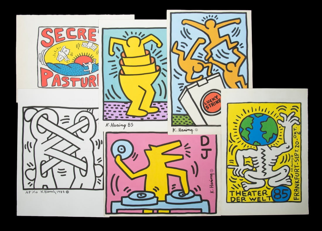 (6) PRINTS AFTER KEITH HARING (NY, 1958-1990): (6) PRINTS AFTER KEITH HARING (NY, 1958-1990) Collection of (6) Replica Prints, each with spurious authenticity certification stamps verso, incl: ?Lucky Strike?, ?Nesting Doll?, ?Theater der Velf?,
