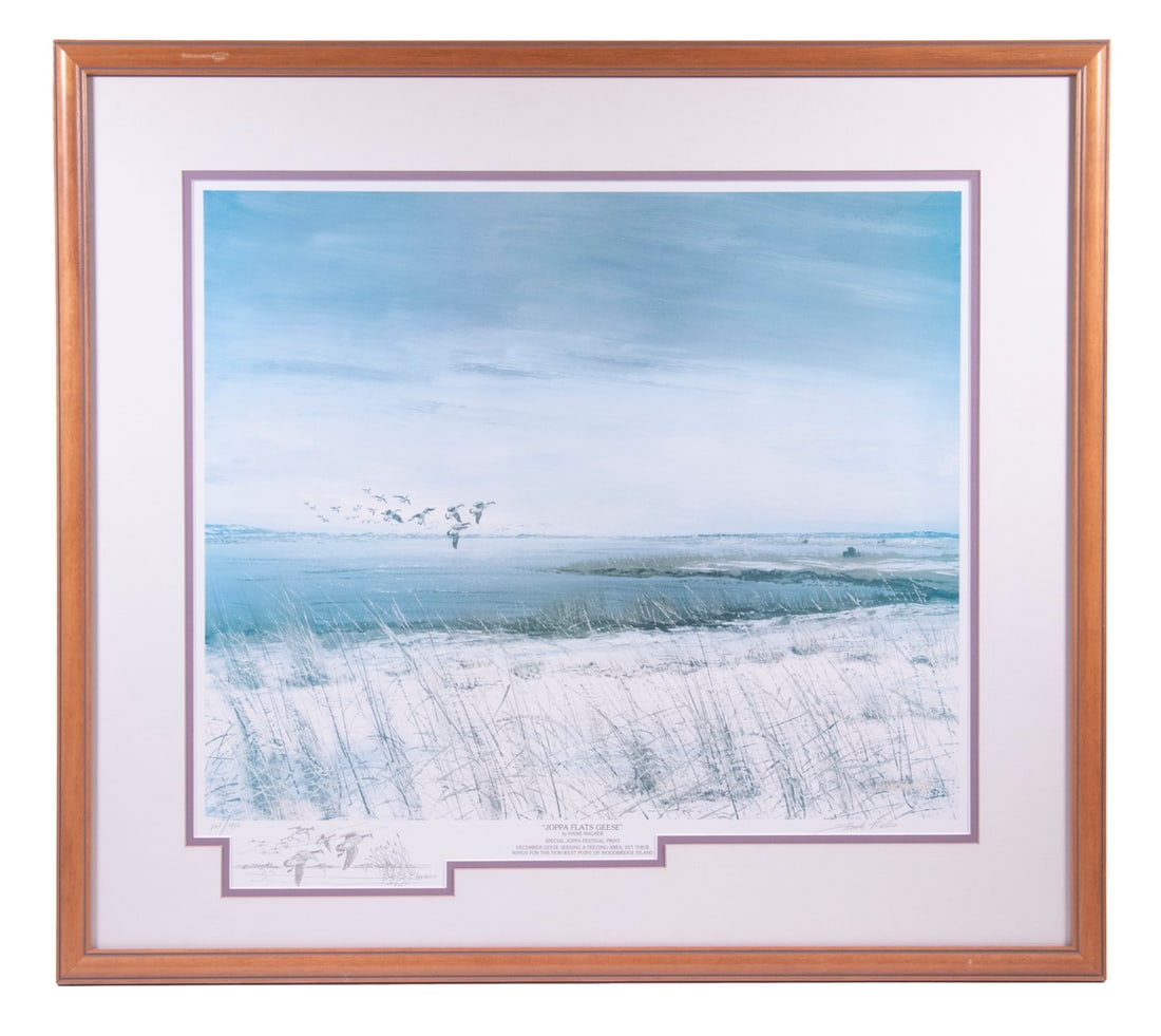 HANK (HENRY) A. WALKER (MA/ME, 1919-1995): HANK (HENRY) A. WALKER (MA/ME, 1919-1995) "Joppa Flats Geese, Special Joppa Festival Print, December Geese Seeking a Feeding Area, Set Their Wings for the Nor-West Point of Woodbridge Island," 