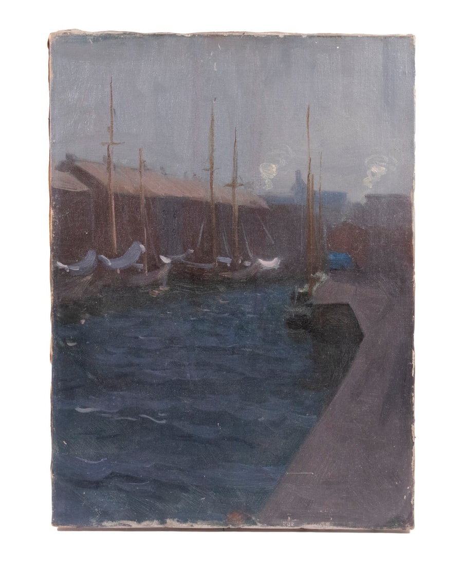 HARBOR SCENE PAINTING: HARBOR SCENE PAINTING Moored Sailboats at Dusk, oil on canvas, unsigned, unframed. OS: 19 x 14 in. (48.3 x 35.6 cm.)
