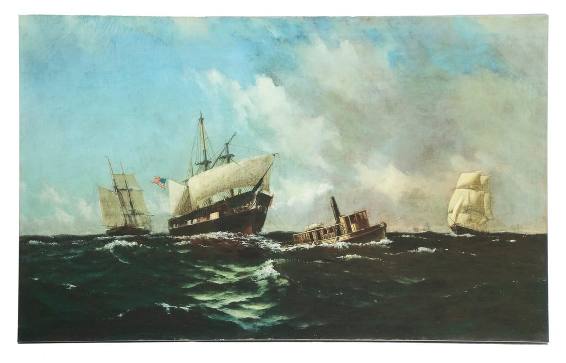 AFTER WILLIAM EDWARD NORTON (MA/UK, 1843-1916): AFTER WILLIAM EDWARD NORTON (MA/UK, 1843-1916) Giclee Print on canvas, taken from oil painting depicting a US Navy Warship under tow, after dismasting. On stretcher, unframed. Good condition. OS: 23
