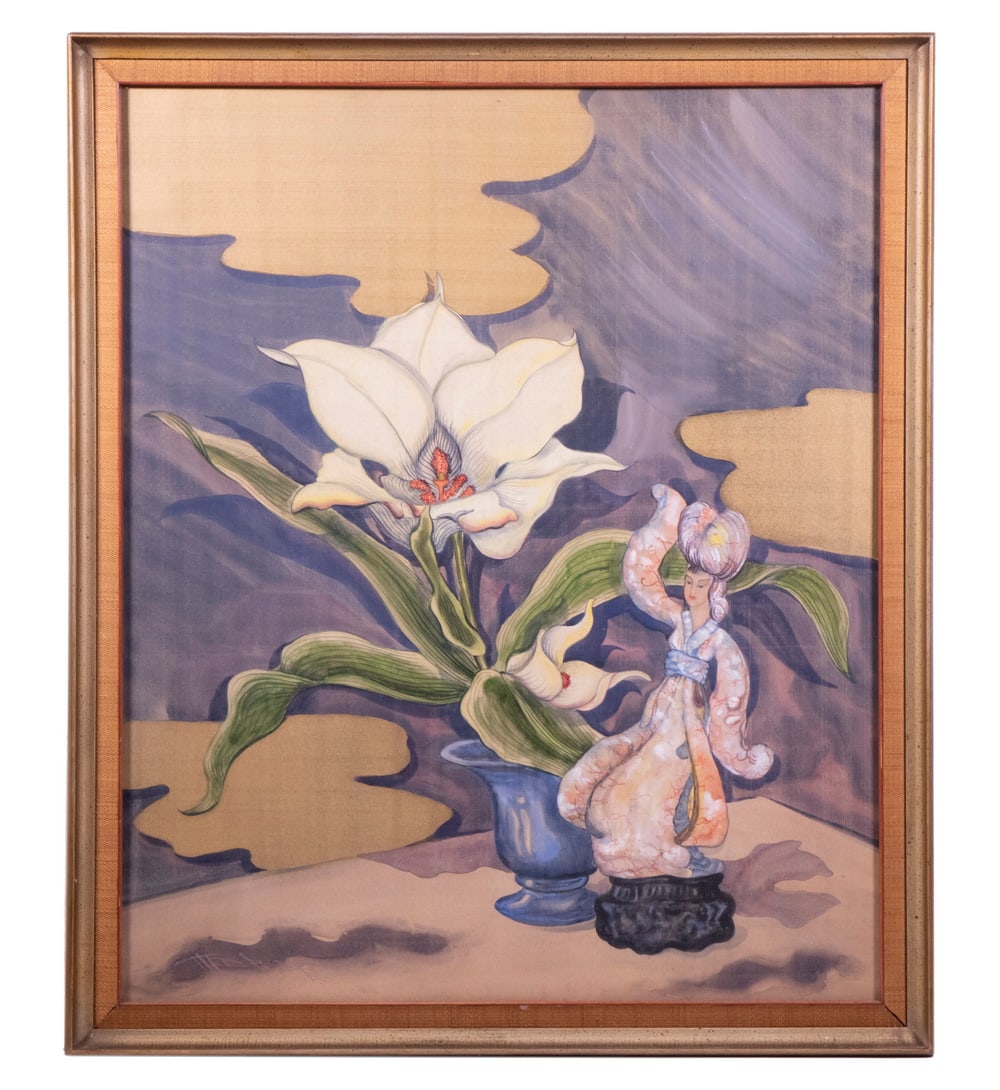 ART DECO JAPONISME PAINTING ON SILK: ART DECO JAPONISME PAINTING ON SILK Statue of Geisha with Large White Orchid, illegibly signed lower left, possibly "Thierry." In dull gold cove frame with rattan and red lacquer liner, under glass.