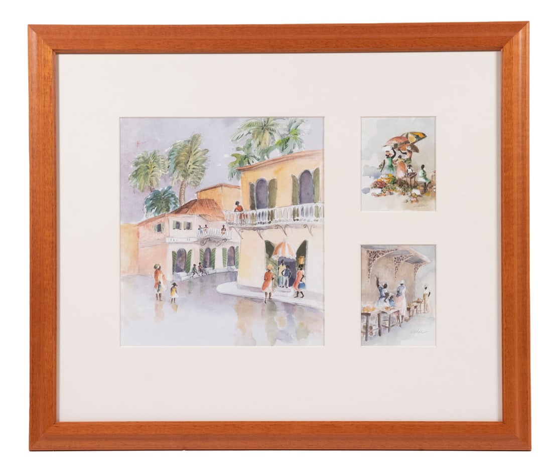 DANA WYLDER (CONTEMPORARY ST. BARTH'S, VIRGIN ISLANDS): DANA WYLDER (CONTEMPORARY ST. BARTH'S, VIRGIN ISLANDS) (3) Watercolors of the Virgin Islands in one frame, the smaller two signed. In teak frame, three-window mat, fine condition. OS: 17" x 20",