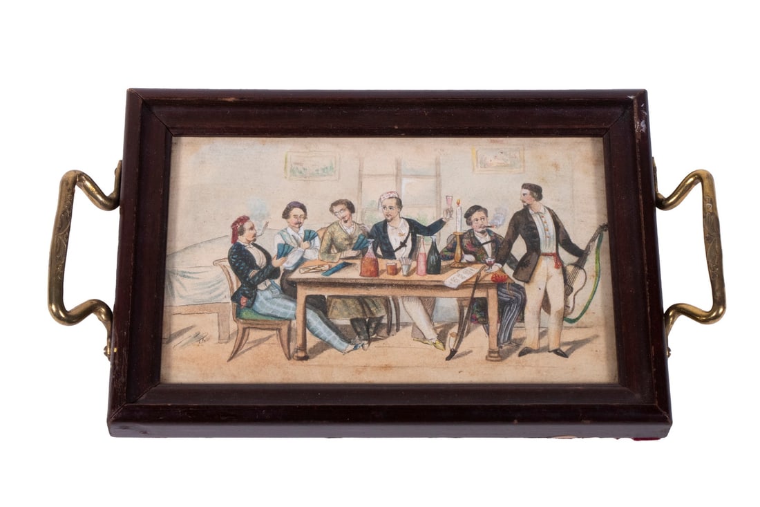 MINIATURE FRENCH WATERCOLOR MOUNTED IN SMALL TRAY: MINIATURE FRENCH WATERCOLOR MOUNTED IN SMALL TRAY Portrait of salon with six men at their leisure, drinking and smoking, playing cards, and preparing to play the guitar, in mahogany framed tray,