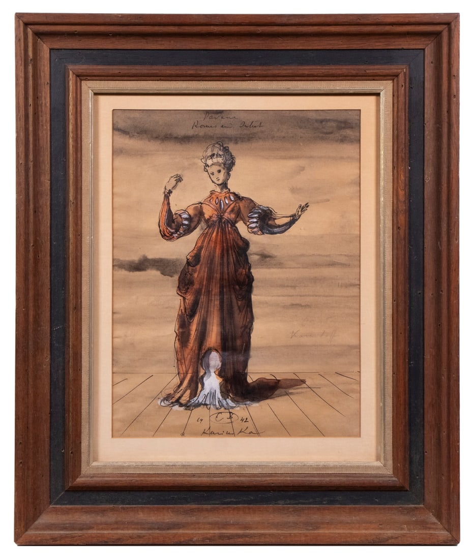 WWII ERA SHAKESPEAREAN COSTUME DESIGN: WWII ERA SHAKESPEAREAN COSTUME DESIGN Gown design for "Romeo & Juliet", ink and watercolor on paper, initialed CB and dated 1942, inscribed "Kariko Ka" (?) in ink and "Kari Loff" (?) in pencil. In