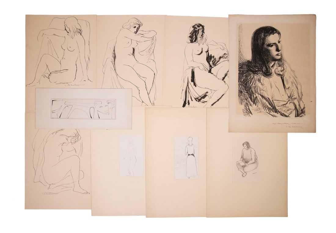 (8) SIGNED INK OR PENCIL FIGURE DRAWINGS: (8) SIGNED INK OR PENCIL FIGURE DRAWINGS Including: (3) by HERMAN MORIL (MO, 1908-1986); a Recital viewing the audience beyond the rear view of a young girl, unsigned, ink on 8" x 5" sketchbook page,