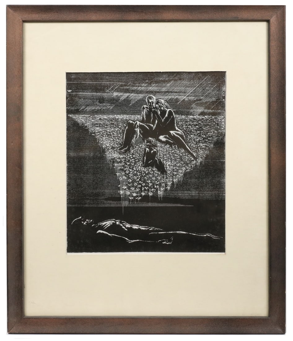 STASYS KRASAUSKAS (LITHUANIA, 1929-1977): STASYS KRASAUSKAS (LITHUANIA, 1929-1977) "Js cilko, Amqinai Gyvi" (They Will Live Forever), negative etching, unsigned, in walnut box frame, matted and glazed. Good condition. OS: 18 1/2 x 15 1/2 in.