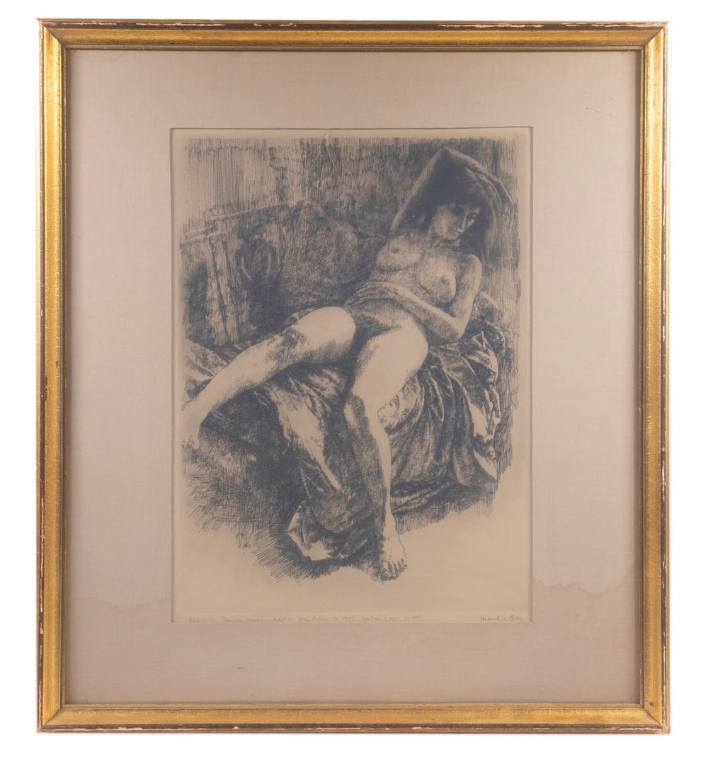 HERBERT LEWIS FINK (ME/IL, 1921-2006): HERBERT LEWIS FINK (ME/IL, 1921-2006) "Reclining Dark Nude", etching on paper, signed and titled in lower margin, along with inscription "Edition for Roten in 1969: edition of 50, L69". In gilt cove