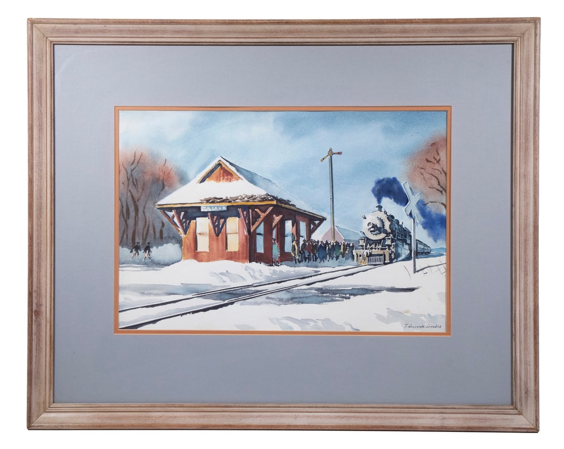 FRANCIS WENDEROTH SAUNDERS (MA/ME. 1901-1992): FRANCIS WENDEROTH SAUNDERS (MA/ME. 1901-1992) Train Arriving at Station in Winter, watercolor on paper, signed lower right, in bleached maple molded frame, matted under glass. OS: 24 1/2 x 30 1/2 in.