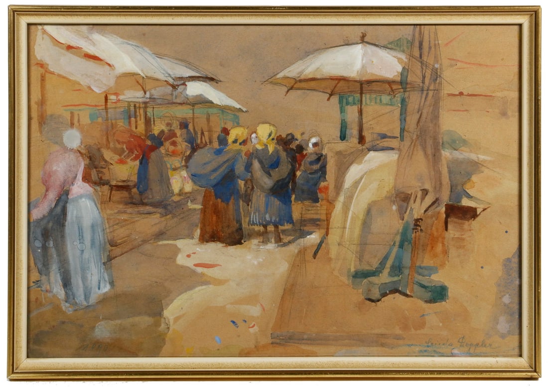 FREIDA WIHELMINE DOPPLER (SW, 1870-1968): FREIDA WIHELMINE DOPPLER (SW, 1870-1968) Arab Market, gouache on oaktag paper, signed lower right. Dated 1890 lower left, framing label from Innsbruck, Austria verso, in gold and white stick frame,
