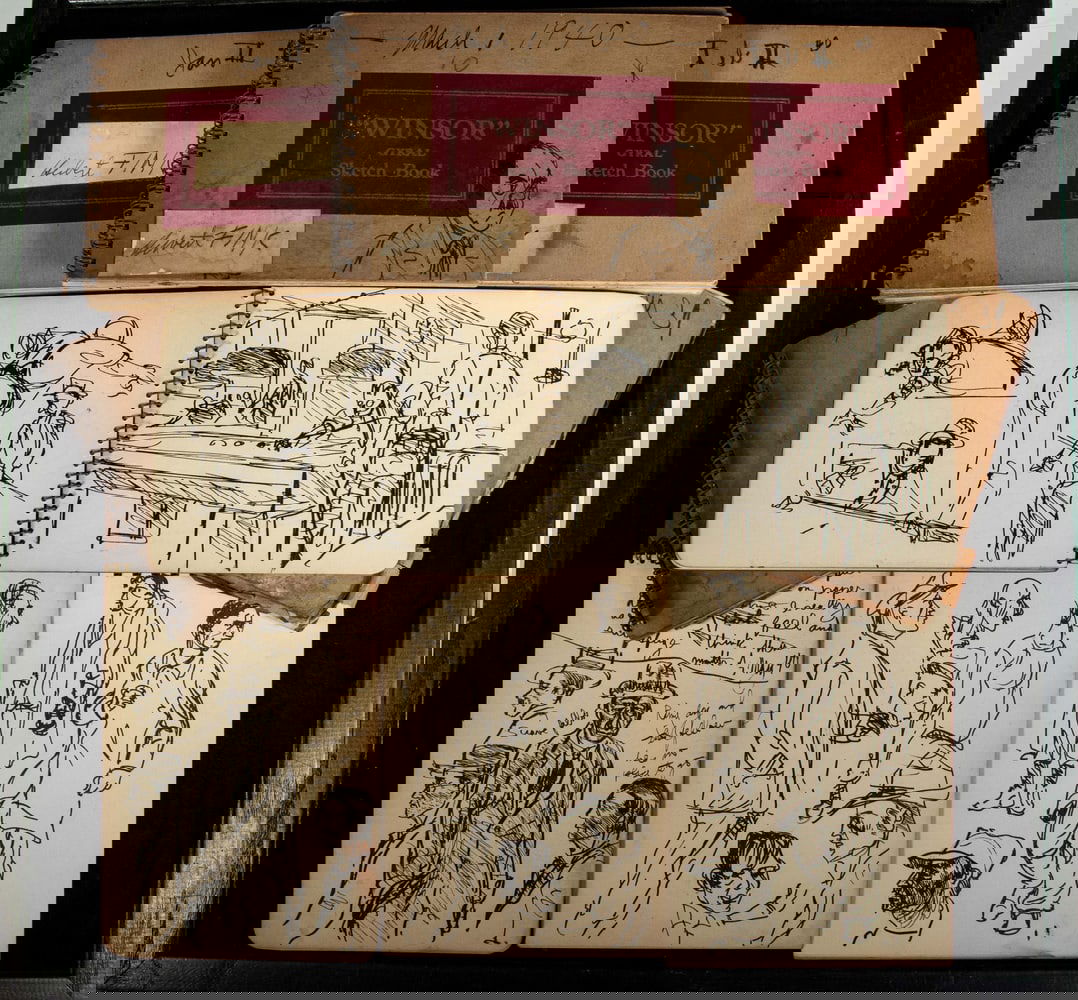 HERBERT FINK (ME/MA, 1921-2006): HERBERT FINK (ME/MA, 1921-2006) (12) Sketchbooks, 1939-1940, almost entirely ink drawings of people on the streets of New York City, some studies of buildings, some "genre" scenes, right before our