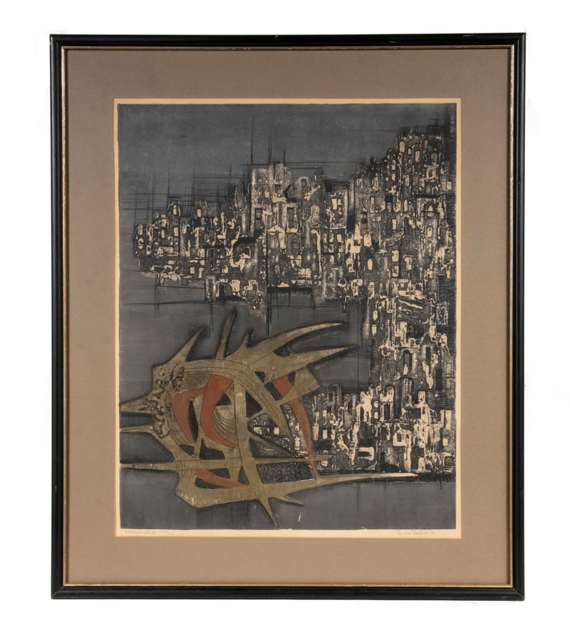 RUDOLPH (RU) VAN ROSSEM (NETHERLANDS, 1924-2007): RUDOLPH (RU) VAN ROSSEM (NETHERLANDS, 1924-2007)"Destroyed City II", color lithograph, pencil signed, titled and dated "62, numbered 102/210. Housed in black stick frame, matted and glazed. Good condi