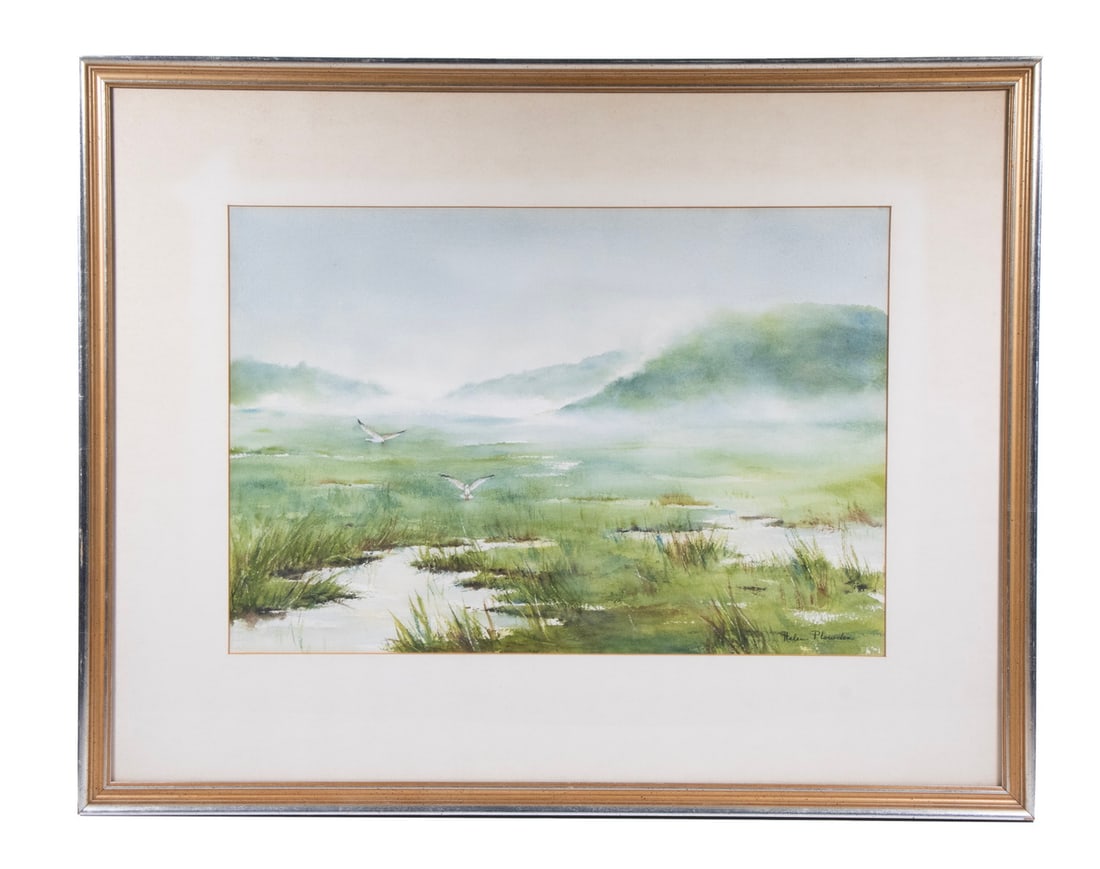HELEN HASELTINE PLOWDEN (CT, 1872-1977): HELEN HASELTINE PLOWDEN (CT, 1872-1977) Marsh Land with Two Gulls in Flight, watercolor on paper, signed lower right. In silver molded frame, matted under glass. Helen was the daughter of artist