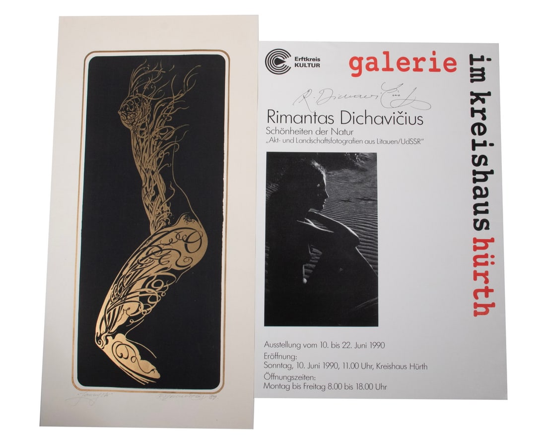 RIMANTAS DICHAVICIUS (LATVIA) SILKSCREEN IN FOLIO: RIMANTAS DICHAVICIUS (LATVIA) SILKSCREEN IN FOLIO Nude Woman in graphic form, gold on black print, pencil signed, titled and dated '89. Unframed, unmatted, PLUS signed exhibition poster. Poster bent