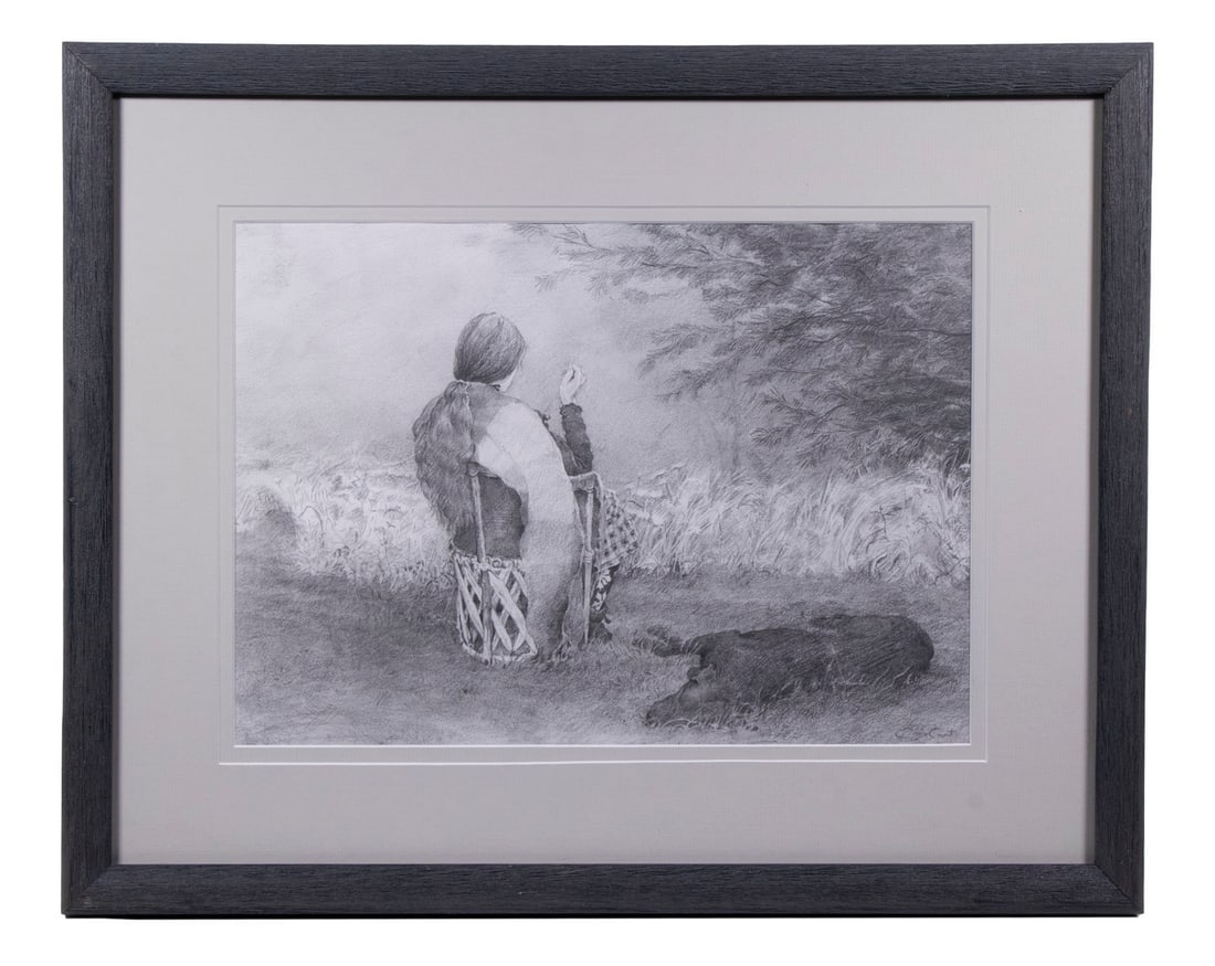CHRISTOPHER CART (CONTEMPORARY HALLOWELL, MAINE): CHRISTOPHER CART (CONTEMPORARY HALLOWELL, MAINE) Contemplative Woman in Taos Chair with sleeping dog, graphite on paper, signed lower right. In dark gray oak frame, matted under glass. OS: 17 1/2 x