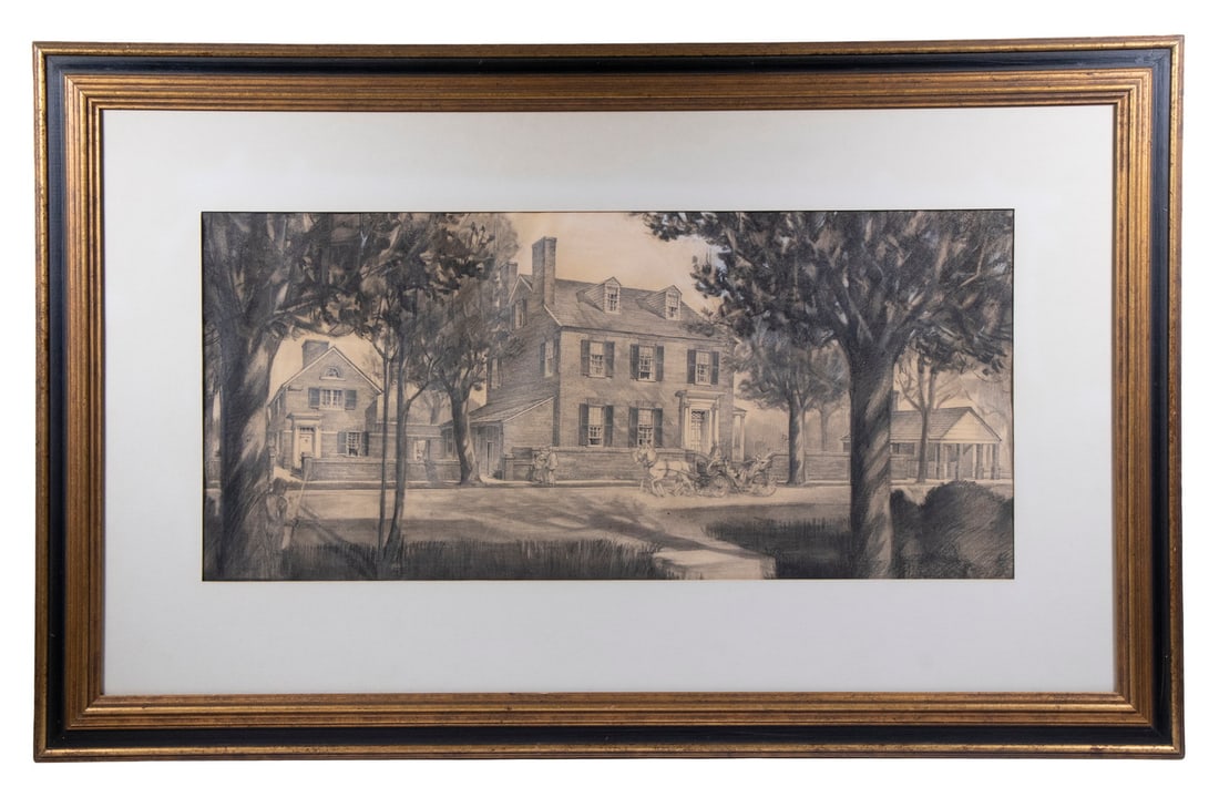 LARGE ARCHITECTURAL PENCIL DRAWING OF FREDERICSBURG, VA. HOMES, FRAMED: LARGE ARCHITECTURAL PENCIL DRAWING OF FREDERICSBURG, VA. HOMES, FRAMED Prospective Rendering of a Federalist Brick Townhouse, as it appeared in the period, having carriage in front and strollers in