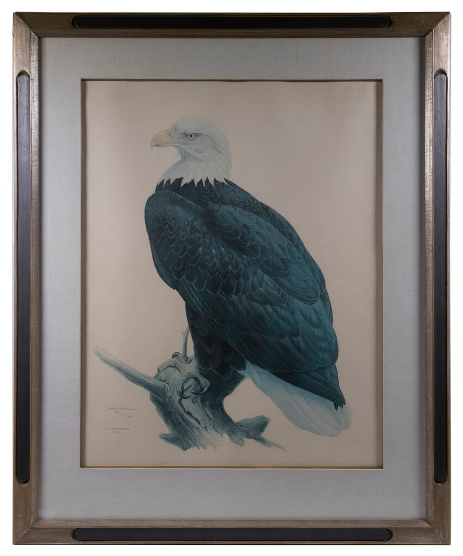 JAMES FREDERICK LANSDOWNE (CANADA, 1937-2008): JAMES FREDERICK LANSDOWNE (CANADA, 1937-2008) Bald Eagle, limited edition color lithograph, #381/1500, pencil signed and numbered lower left, also signed and dated 1972 in print. In a painted wooden