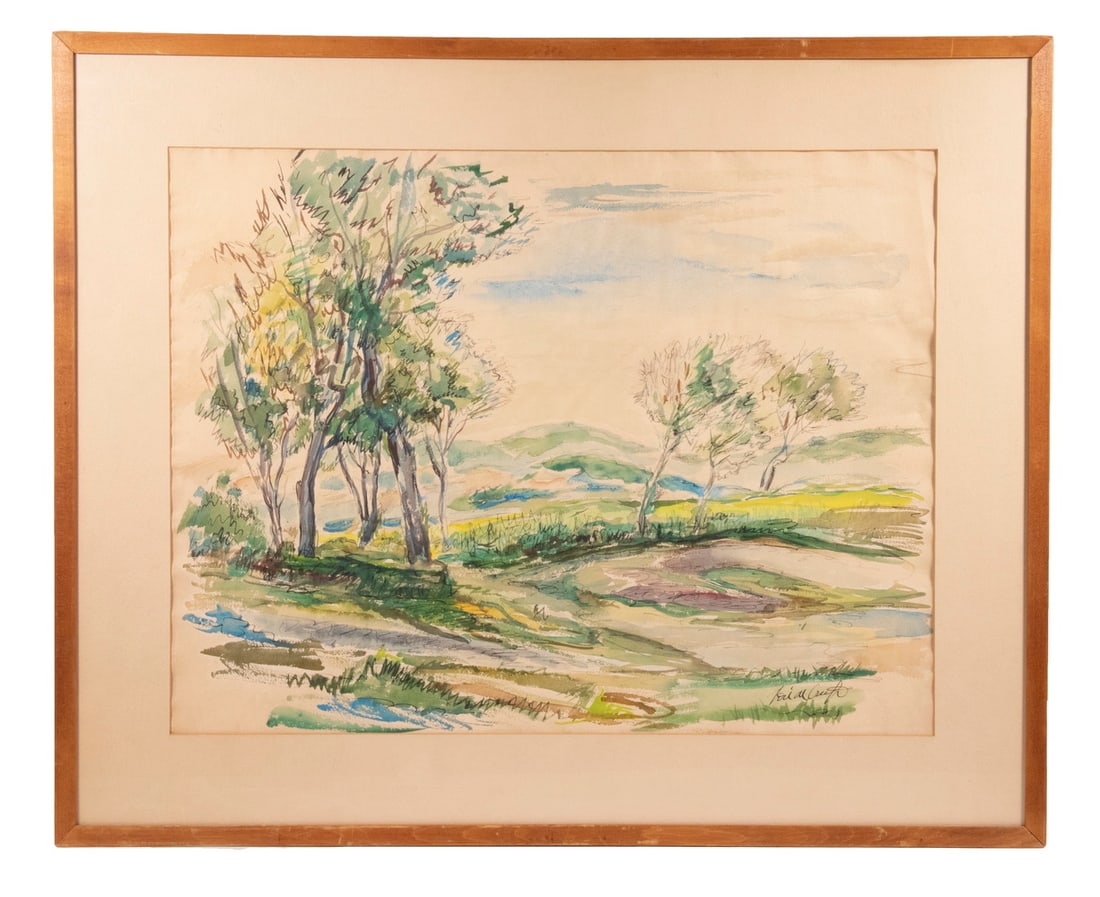 JOSE DE CREEFT (NY/MEXICO/FRANCE/SPAIN,1884-1982): JOSE DE CREEFT (NY/MEXICO/FRANCE/SPAIN,1884-1982) "Foothills", 1944, watercolor on paper, signed lower right, titled verso. In teak stick frame, matted and glazed, toned, rippled edges. OS: 27 x 33
