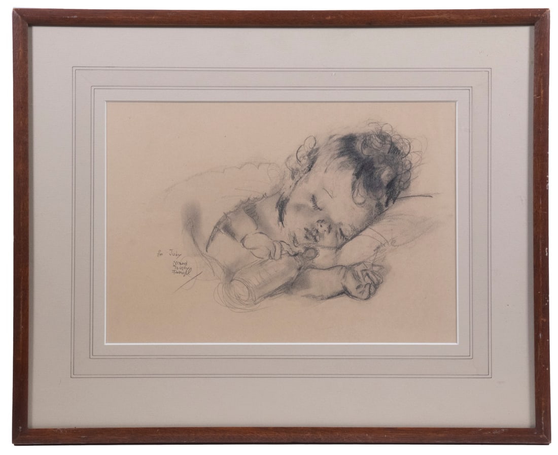 MAUD TOUSEY FANGEL (MA/NY, 1881-1968): MAUD TOUSEY FANGEL (MA/NY, 1881-1968) Baby Sleeping with Bottle, graphite drawing, signed and inscribed "To Judy," note in artist's hand verso reads "Happy New Year to Judy and Holly, Maud Tousey