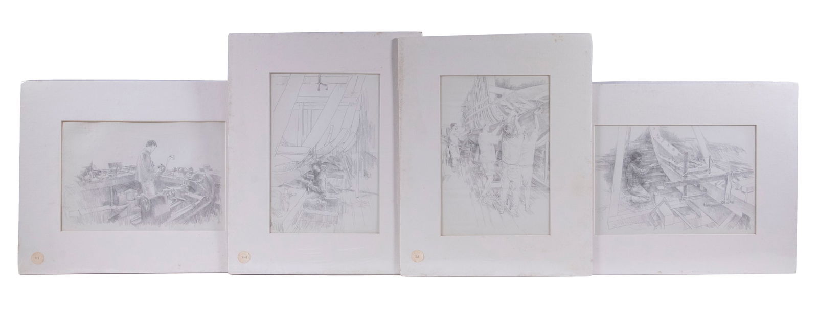 HERBERT LEWIS FINK (ME/IL, 1921-2006): HERBERT LEWIS FINK (ME/IL, 1921-2006) (Set of 4) Views inside a Wooden Boat Shop, titled "Finding the True Drift"; "Grinding the Drift Bolts to Size"; "Cutting the Bevel for the Garboard Strake";