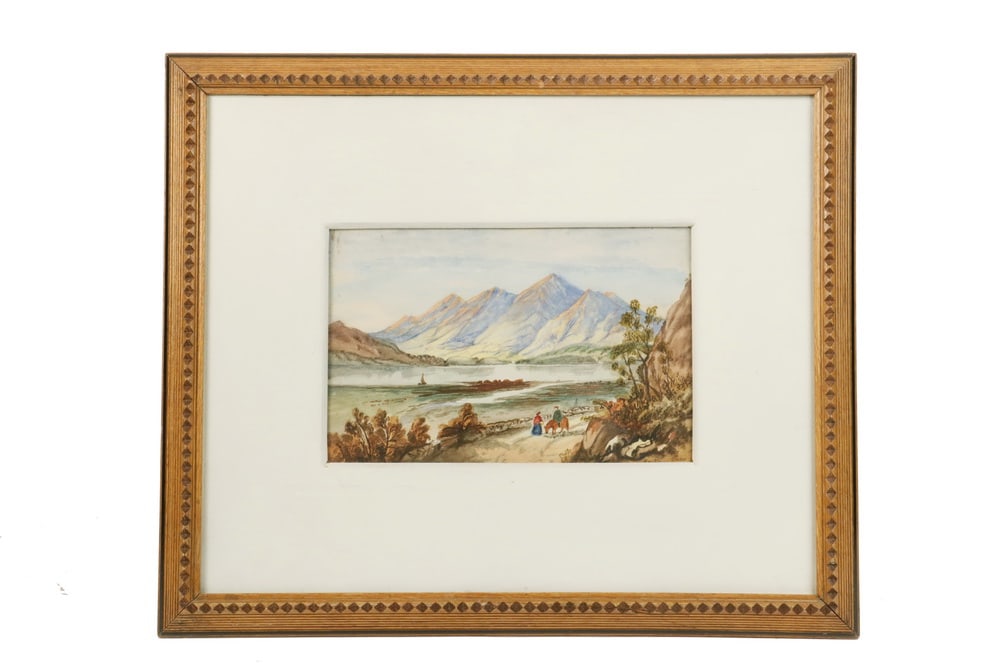 19TH C. CONTINENTAL LANDSCAPE: 19TH C. CONTINENTAL LANDSCAPE Grand Tour Italian Watercolor of Alpine Lakes with travelers on road in foreground, illegibly signed lower right. In gilt ribbed frame with dimensional mat under glass.