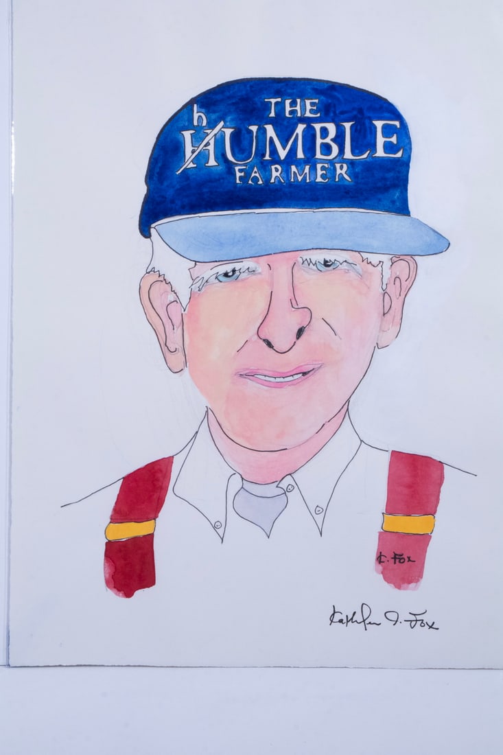 KATHLEEN A. FOX (CONTEMPORARY MAINE): KATHLEEN A. FOX (CONTEMPORARY MAINE) Caricature Portrait of Robert Skoglund (1936-2024), "The Humble Farmer" on Maine Public Broadcasting Network Radio for 29 years. Marker and watercolor. OS: 15 x
