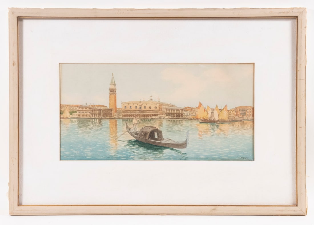 LATE 19TH C. WATERCOLOR OF VENICE, ILLEGIBLY SIGNED: LATE 19TH C. WATERCOLOR OF VENICE, ILLEGIBLY SIGNED View of St. Marks Square from the Grand Canal, a gondola in the foreground, watercolor on board, illegibly signed lower right. In tan painted