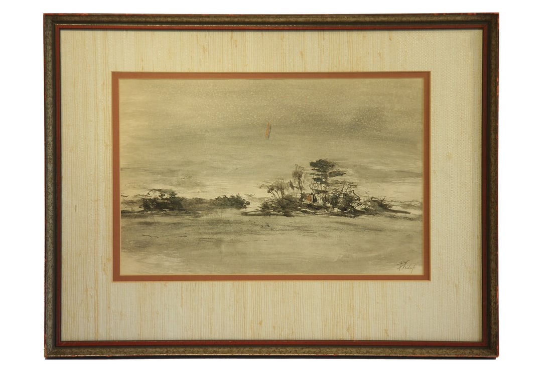 WATERCOLOR BY UNIDENTIFIED MID-CENTURY ARTIST: WATERCOLOR BY UNIDENTIFIED MID-CENTURY ARTIST Small Islands, watercolor and ink on textured paper, signed "Philip" lower right, in silver and red frame with silk mat, glazed. Good condition. OS: 19 x