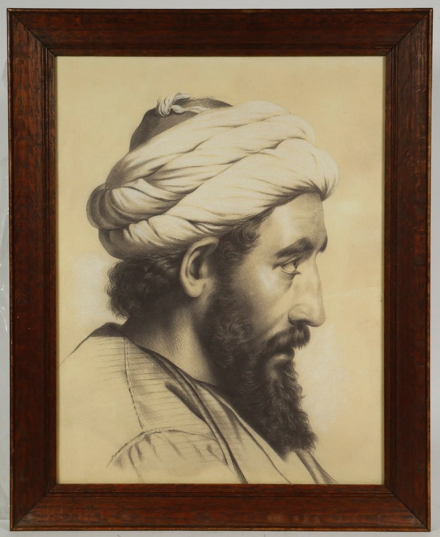 FRAMED PORTRAIT PRINT: FRAMED PORTRAIT PRINT Profile Portrait of a Bearded Arab Man, print from conte crayon and chalk drawing, unsigned, in a molded wooden frame. PLUS an unframed copy of the same image. Good