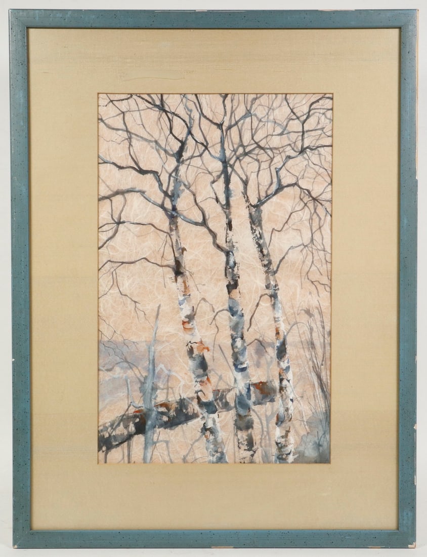 WATERCOLOR OF TREES: WATERCOLOR OF TREES Birch Trees, watercolor on Japanese washi paper, unsigned. In a blue painted stick frame with silk mat. Frame paint losses. OS: 18 1/2 x 14 in. (47 x 35.6 cm.), SS: 12 3/4 x 8