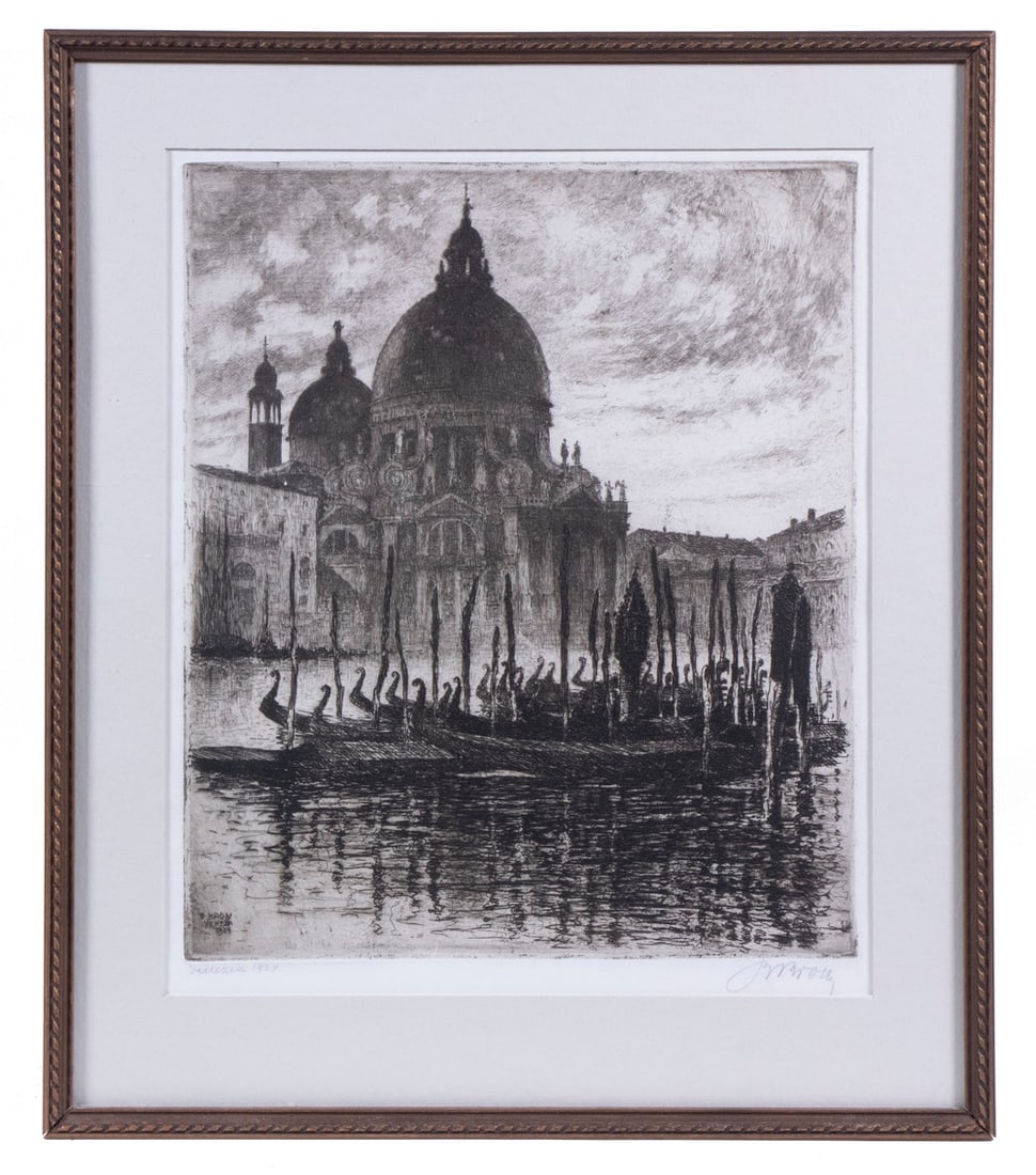 PAUL KRON (FRANCE, 1869-1936): PAUL KRON (FRANCE, 1869-1936) "Venice, 1924", etching, pencil signed and titled. In stick frame, matted under glass. OS: 14 x 12 in. (35.6 x 30.5 cm.), SS: 10 x 8 1/2 in. (25.4 x 21.6 cm.)