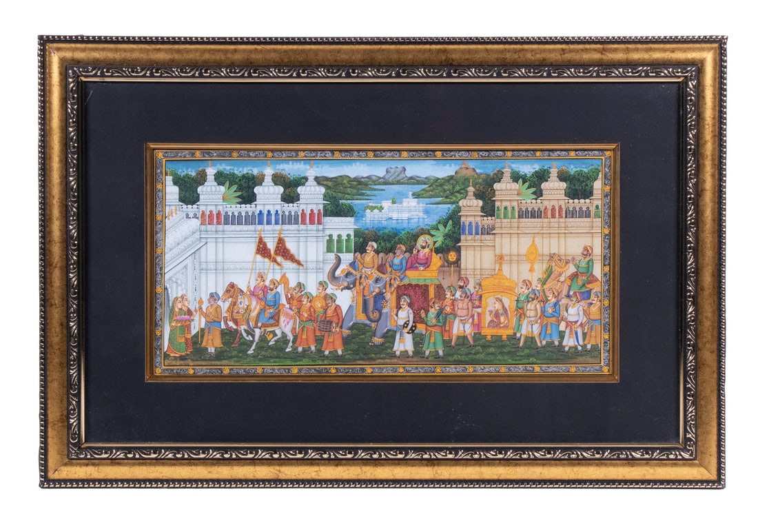 MUGHAL INDIAN PAINTING: MUGHAL INDIAN PAINTING Framed Contemporary Watercolor, depicting a Mughal royal procession, the Maharaja on a howdah atop an elephant. In gilded frame with inner lip, matted and glazed. OS: 11 1/2 x