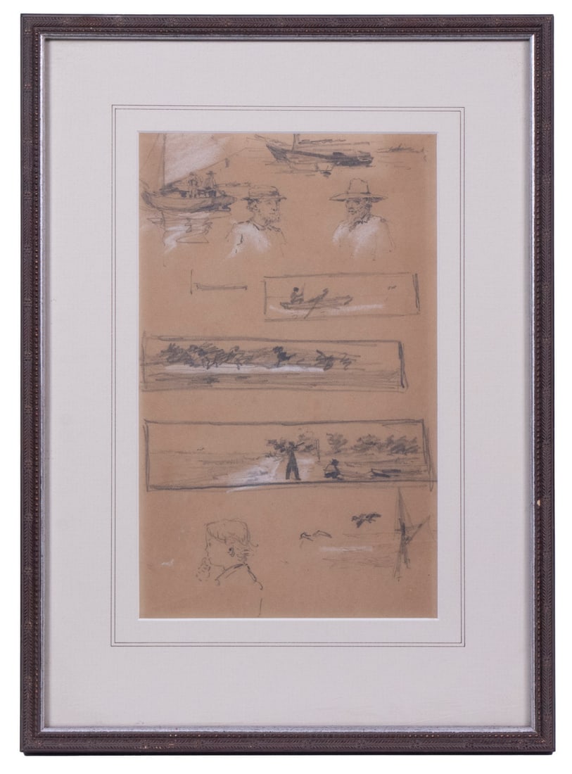 FRAMED PAGE FROM 19TH C. SKETCHBOOK: FRAMED PAGE FROM 19TH C. SKETCHBOOK Homer-esque studies of fishermen, found in Maine, graphite and chalk on tan paper, unsigned. In silver stick frame, matted under UV glass. OS: 13 x 9 1/2 in. (33 x