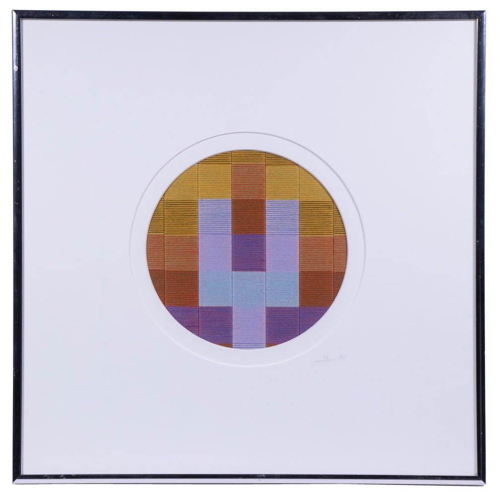 MILDRED JOHNSON (20TH C. BRUNSWICK, MAINE): MILDRED JOHNSON (20TH C. BRUNSWICK, MAINE) "Galilee", fibre, initialed and dated 87, titled verso with note that this is from her Harvard years. A 6" round image in a square metal casement frame,