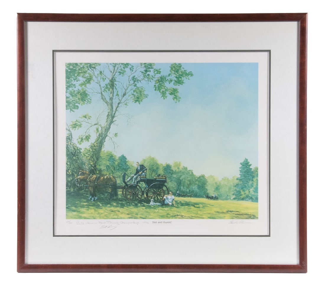 CLAUDIA COLEMAN (CONTEMPORARY NORTH CAROLINA): CLAUDIA COLEMAN (CONTEMPORARY NORTH CAROLINA) "Hot and Humid," depicting a couple resting with their team of two, dog and cart, in the shade of a tree, other carts approaching, lithograph, pencil