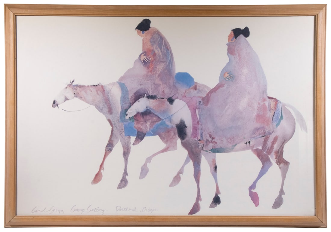 CAROL GRIGG (OR, 1942 -): CAROL GRIGG (OR, 1942 - ) "The Guardians," offset photo litho from the original watercolor, unsigned, faux signature with gallery name at bottom. In molded oak frame, under glass. OS: 28 x 40 in.