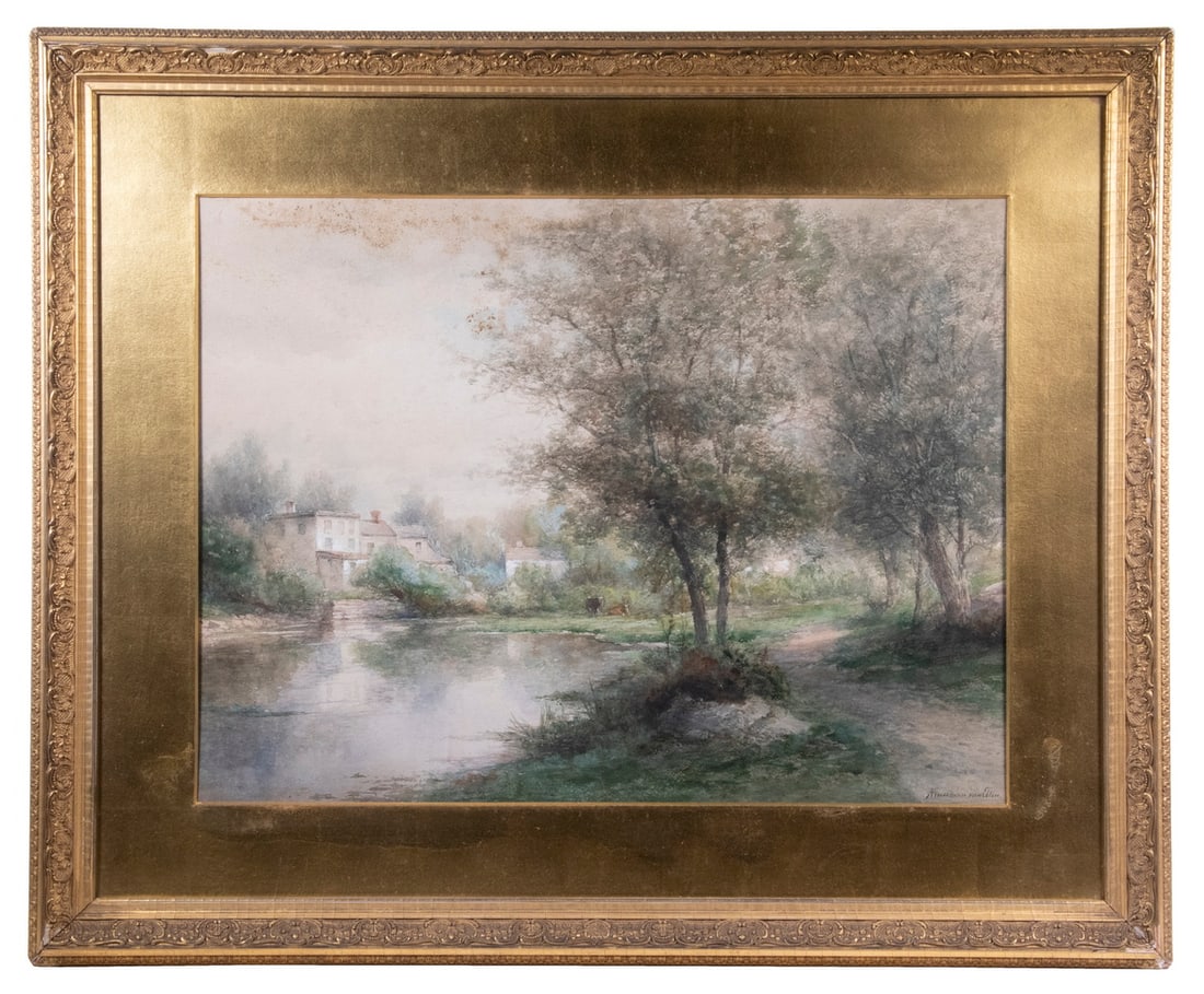 HENDRICK-DIRK KRUSEMAN VAN ELTEN (NETHERLANDS, FRANCE, 1829-1904): HENDRICK-DIRK KRUSEMAN VAN ELTEN (NETHERLANDS, FRANCE, 1829-1904) Small Pondside Village with Cows in Summer, watercolor on paper, signed lower right "Kruseman van Elten." Housed in a fine gilt gesso