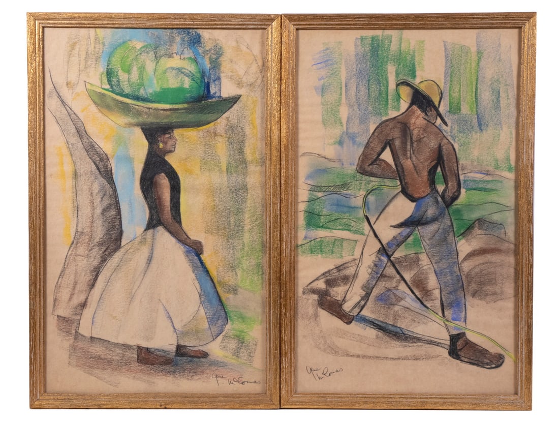 GENE M. COMAS (20TH C/ NICARAGUA): GENE M. COMAS (20TH C/ NICARAGUA) Woman in Market and Man with Fishing Line, pastel and graphite on paper, both signed. In matching gold ribbed frames, under glass. OS: 17 x 10 1/2 in. (43.2 x 26.7