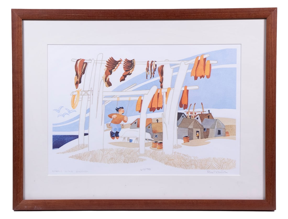 RIE MUNOZ (ALASKA INUIT, 1921-2015): RIE MUNOZ (ALASKA INUIT, 1921-2015) "Whale Bone Swing," signed and dated '92 in the print, pencil signed, titled and numbered 613/950, in spruce frame, matted under glass. OS: 14 1/2 x 19 in. (36.8 x