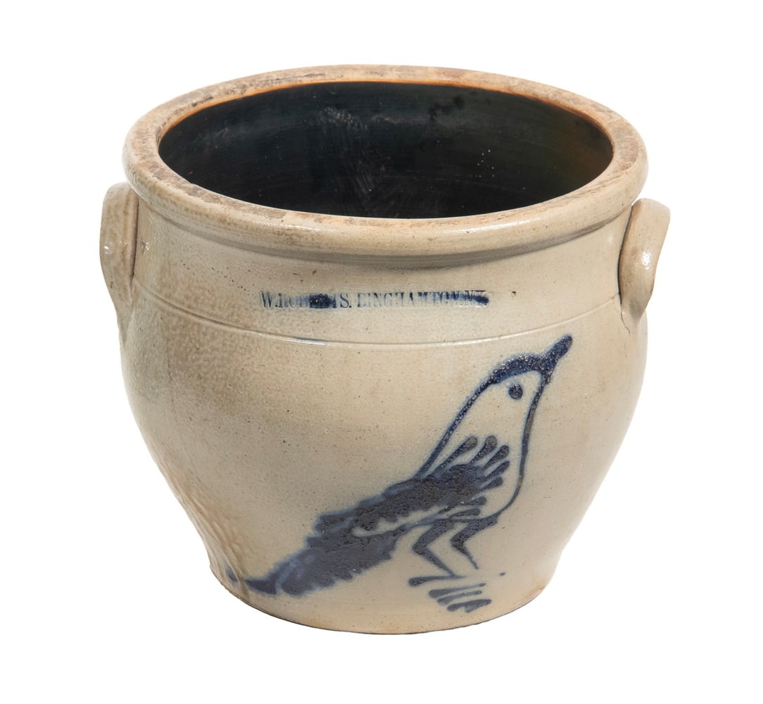 W. ROBERTS, BINGHAMTON, NY STONEWARE CROCK WITH BIRD: W. ROBERTS, BINGHAMTON, NY STONEWARE CROCK WITH BIRD Mid-19th c. Ovoid Salt Glazed Stoneware Crock, stamped "W. Roberts, Binghamton, NY", with cobalt slip trailed bird decoration, applied lug side