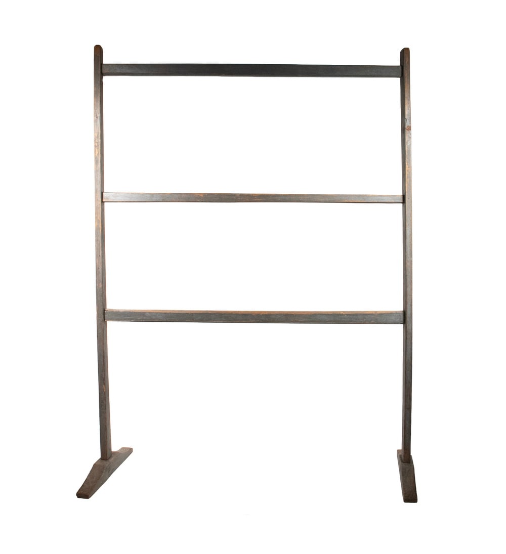 GREY PAINTED DRYING RACK: GREY PAINTED DRYING RACK 19th c. Country Shoe Foot Herb Drying Rack. Size: 52 1/2 x 15 x 38 1/2 in. (133.4 x 38.1 x 97.8 cm.)