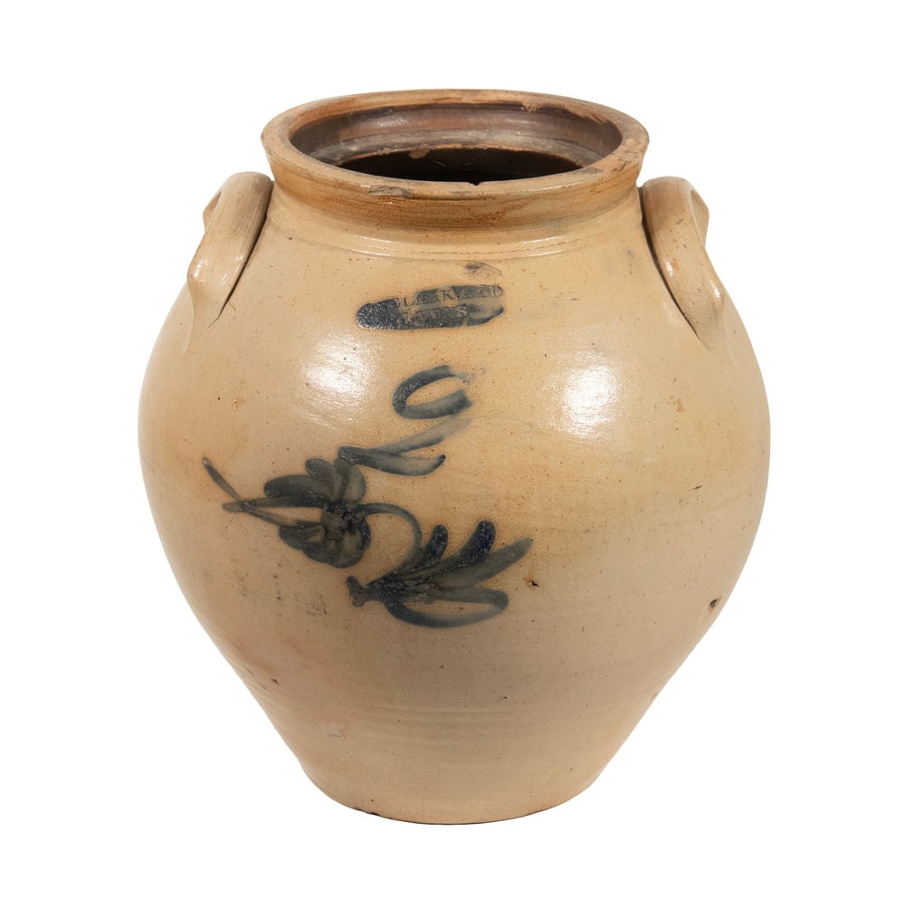 N. CLARK & CO., LYONS OVOID STONEWARE JAR: N. CLARK & CO., LYONS OVOID STONEWARE JAR Circa 1840 American Salt Glaze 2-Gallon Stoneware Jar, by N. Clark & Co., Lyons, NY, with cobalt slip trailed stoneware decoration, applied lug handles, with