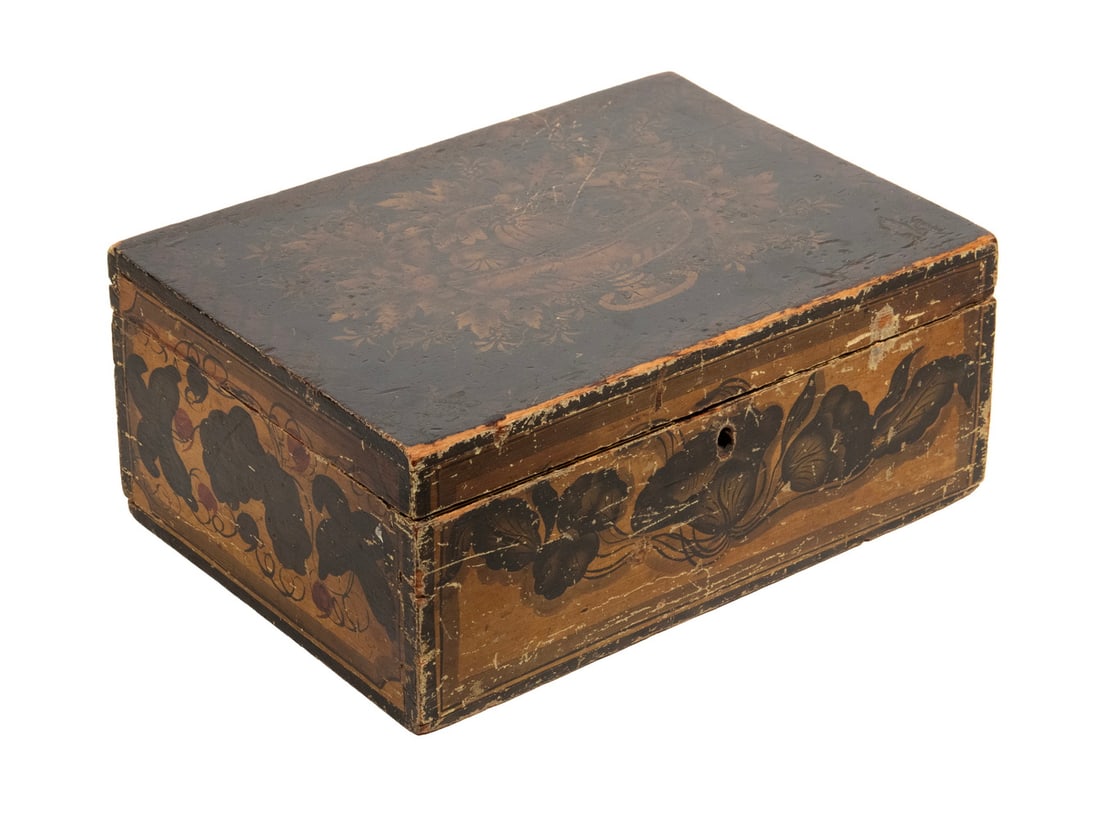 EARLY AMERICAN PAINT DECORATED DOCUMENT BOX: EARLY AMERICAN PAINT DECORATED DOCUMENT BOX 19th c. Black Painted Letter Box, the lid with stenciled compote decoration, all four sides with painted trailing vines and fruit, yellow painted interior