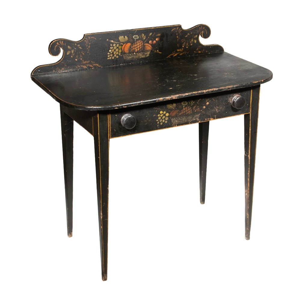 PAINTED HEPPLEWHITE DRESSING TABLE: PAINTED HEPPLEWHITE DRESSING TABLE Vintage Vanity Table, having a black painted surface with stenciled fruit decoration, with scrolled end backsplash, single front drawer, set on square tapered legs.
