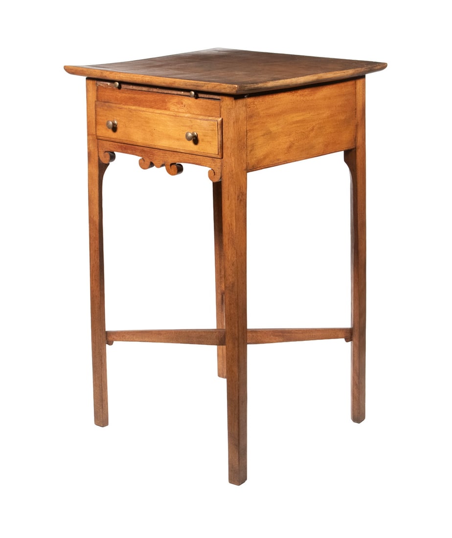 HEPPLEWHITE MAHOGANY STAND: HEPPLEWHITE MAHOGANY STAND 18th c. American Side Table, having a square top with incised edge, slide out shelf, single molded edge drawer and scroll carved apron below, set on square tapered legs
